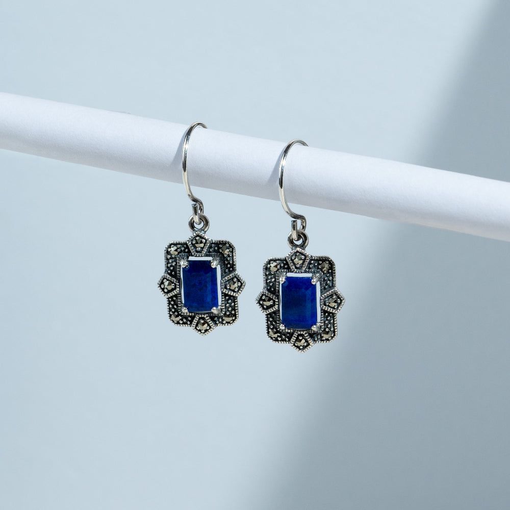 Art Deco Style Octagon Lapis Lazuli & Marcasite Drop Earrings in 925 Sterling Silver flatlay