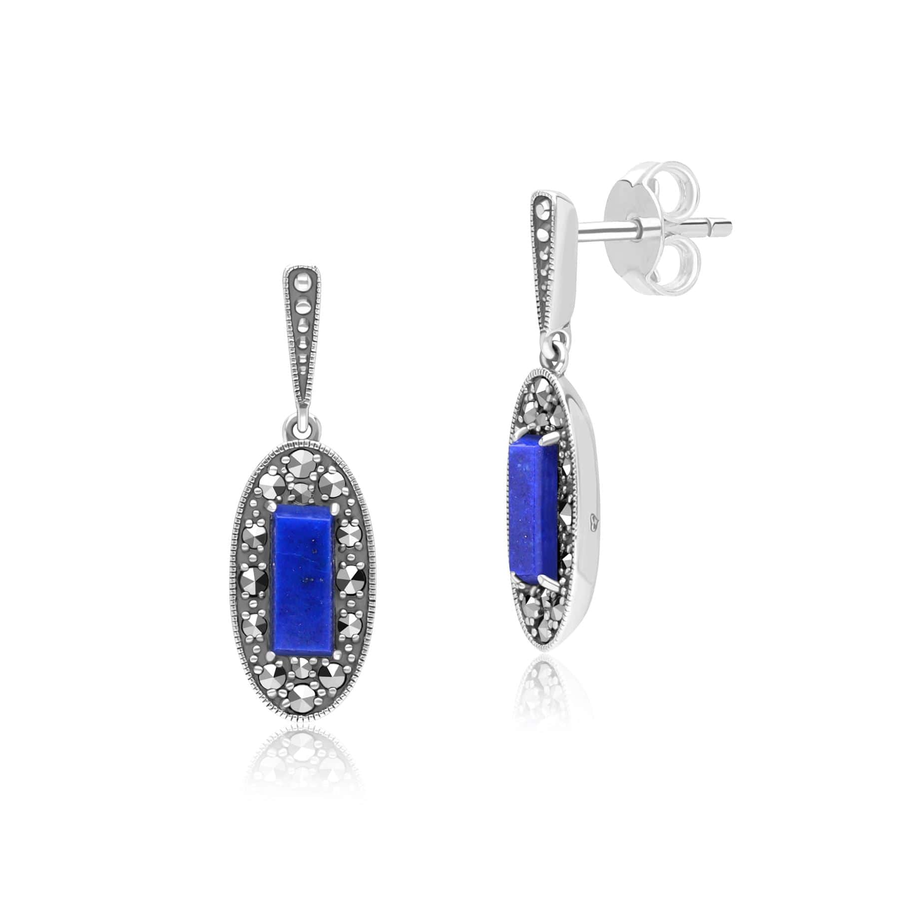 Art Deco Style Oval Lapis Lazuli and Marcasite Drop Earrings in Sterling Silver 214E936301925 