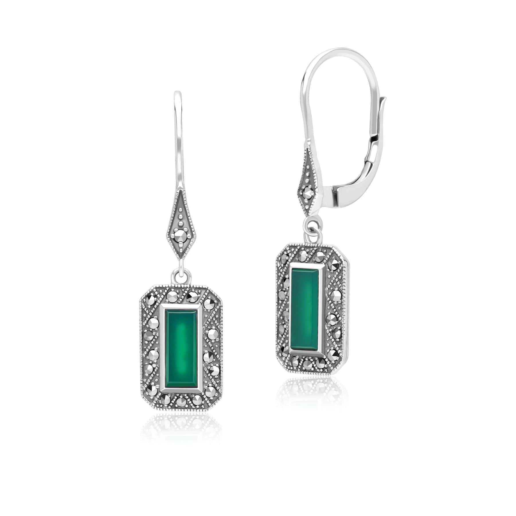 Art Deco Style Rectangle Chalcedony and Marcasite Drop Earrings in Sterling Silver 214E936101925 