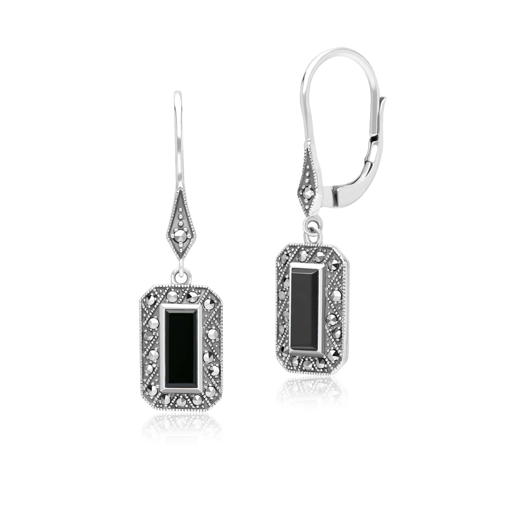 Art Deco Style Rectangle Onyx and Marcasite Drop Earrings in Sterling Silver 214E936102925 