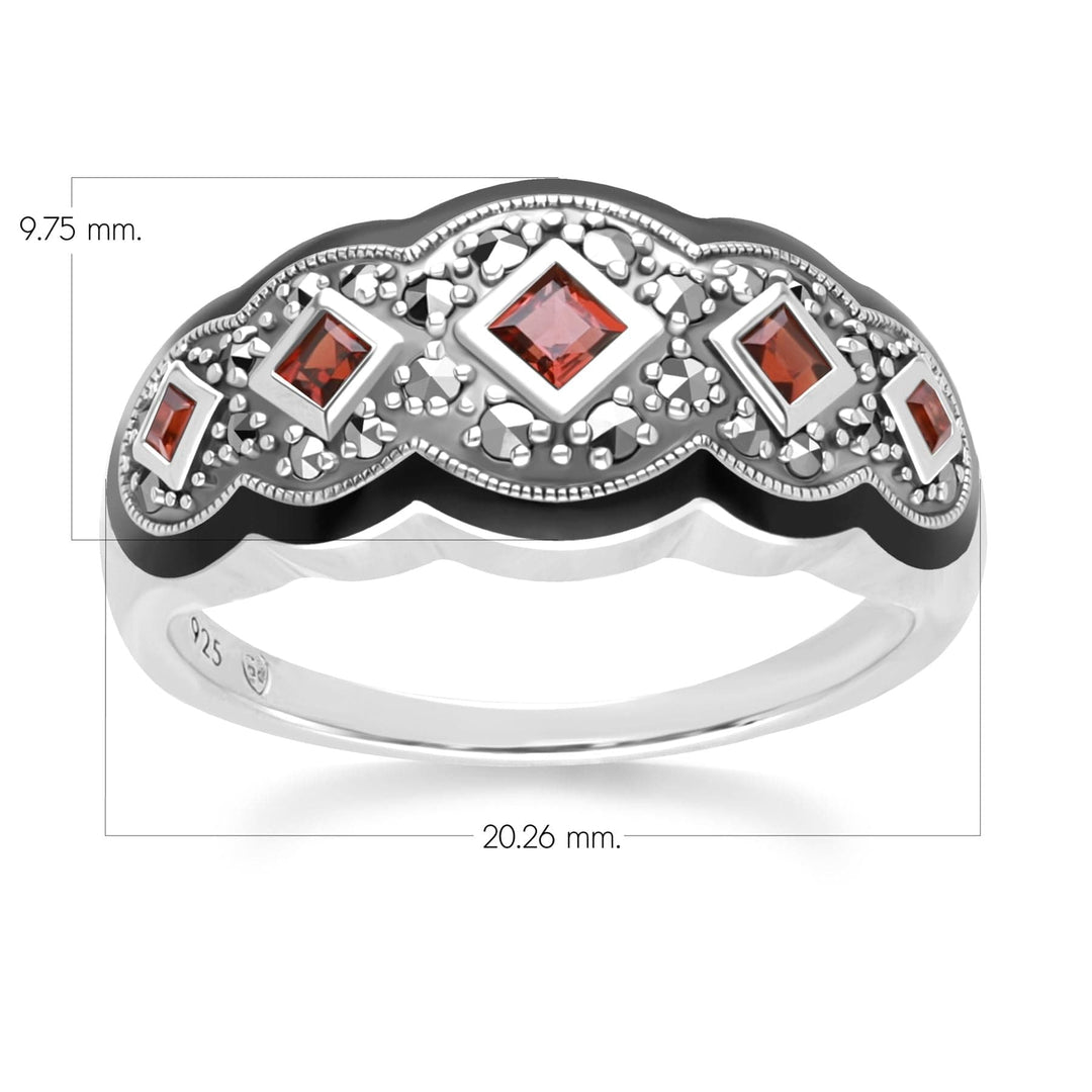 Art Deco Style Square Garnet Five Stone and Marcasite Ring in Sterling Silver 214R642101925 Dimensions