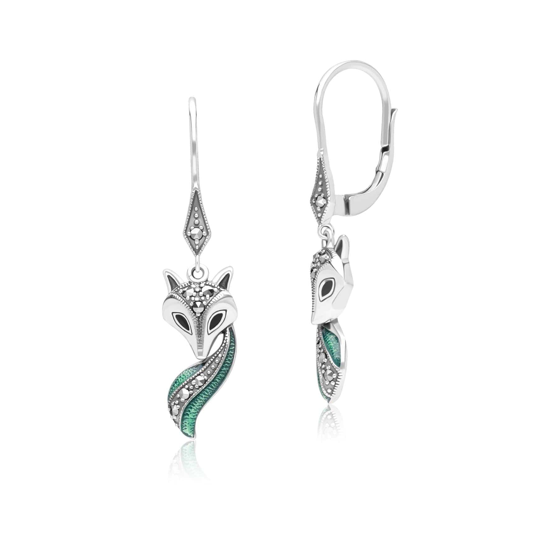 Art Nouveau Style Marcasite, Green and Black Enamel Fox Drop Earrings in Sterling Silver 214E935901925 