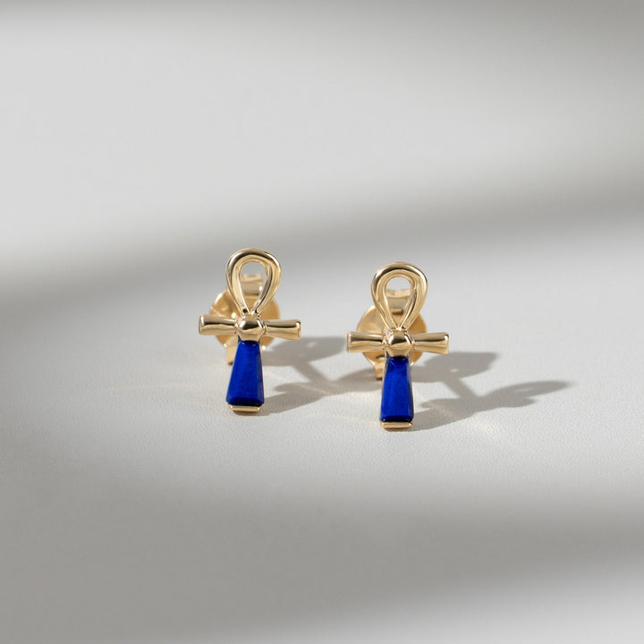 Pendientes ECFEW™ con lapislázuli y Ankh en oro amarillo de 9 quilates