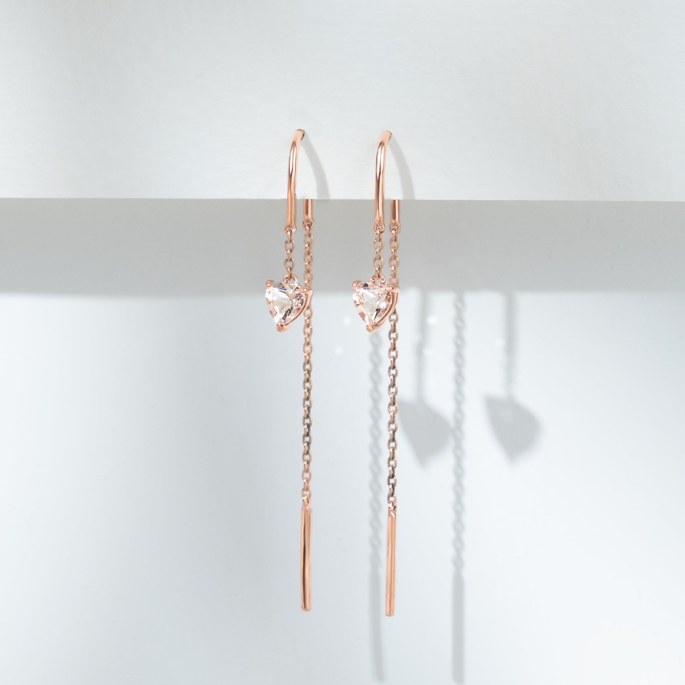 Pendientes de enhebrador de corazón de morganita en oro rosa de 9 ct