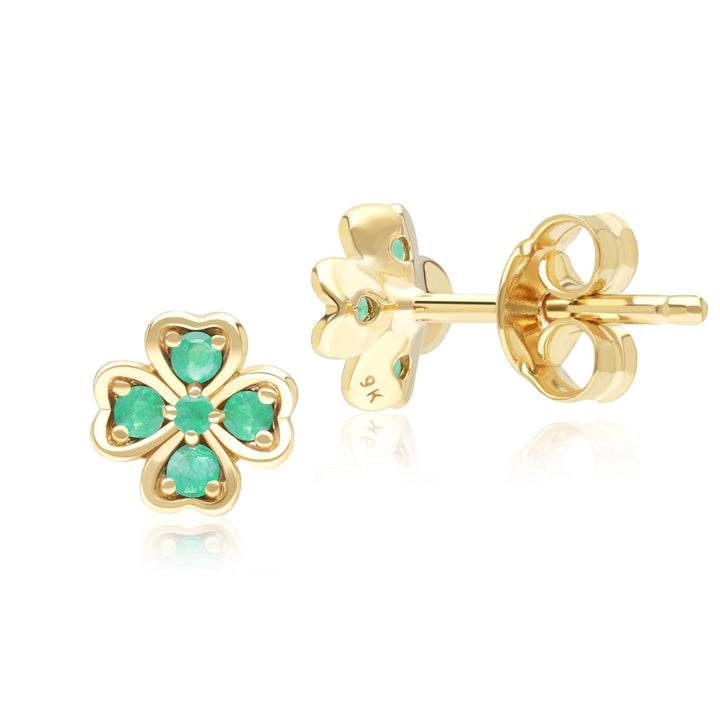 Pendientes de botón con forma de trébol y esmeralda redonda de gardenia en oro amarillo de 9 quilates
