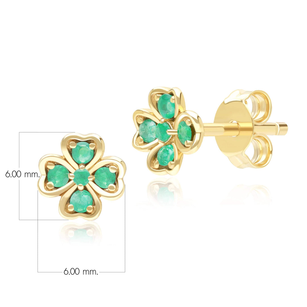 Pendientes de botón con forma de trébol y esmeralda redonda de gardenia en oro amarillo de 9 quilates