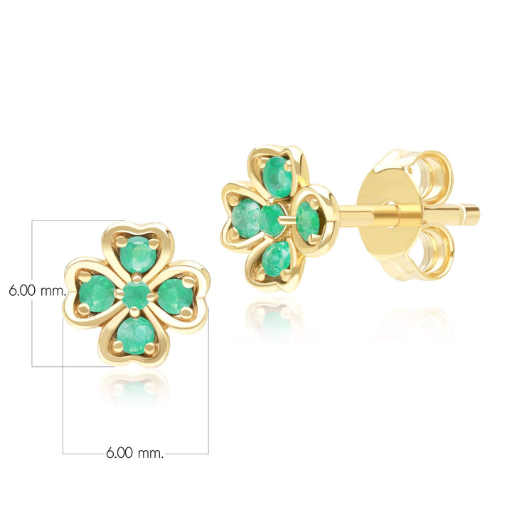 Pendientes de botón con forma de trébol y esmeralda redonda de gardenia en oro amarillo de 9 quilates