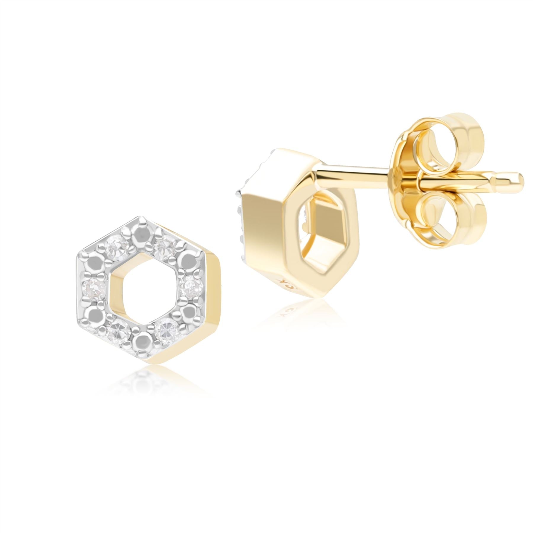 Geometric Hex Diamond Stud Earrings in 9ct Yellow Gold Back