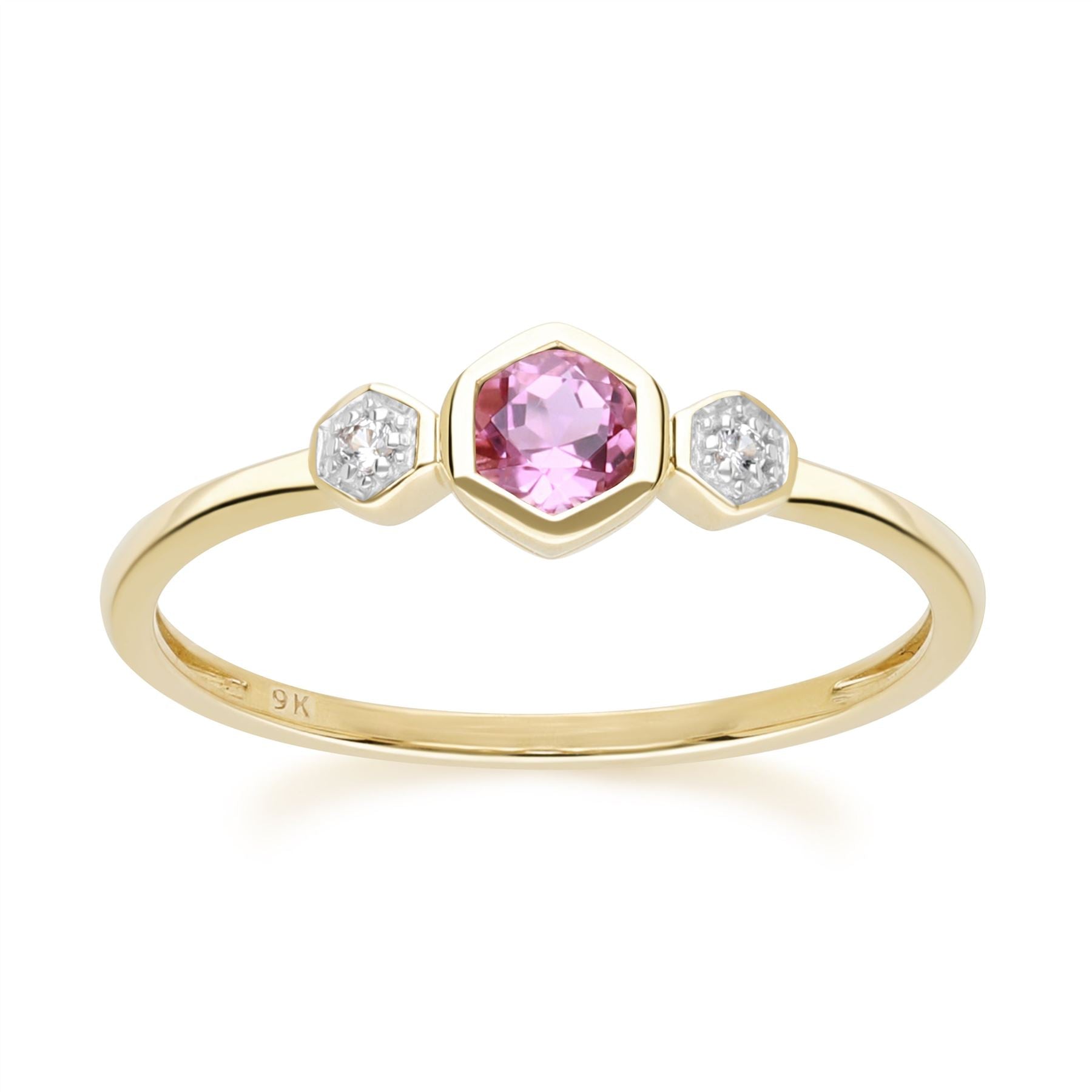Geometric Round Pink Tourmaline and Sapphire Ring in 9ct Yellow Gold Front
