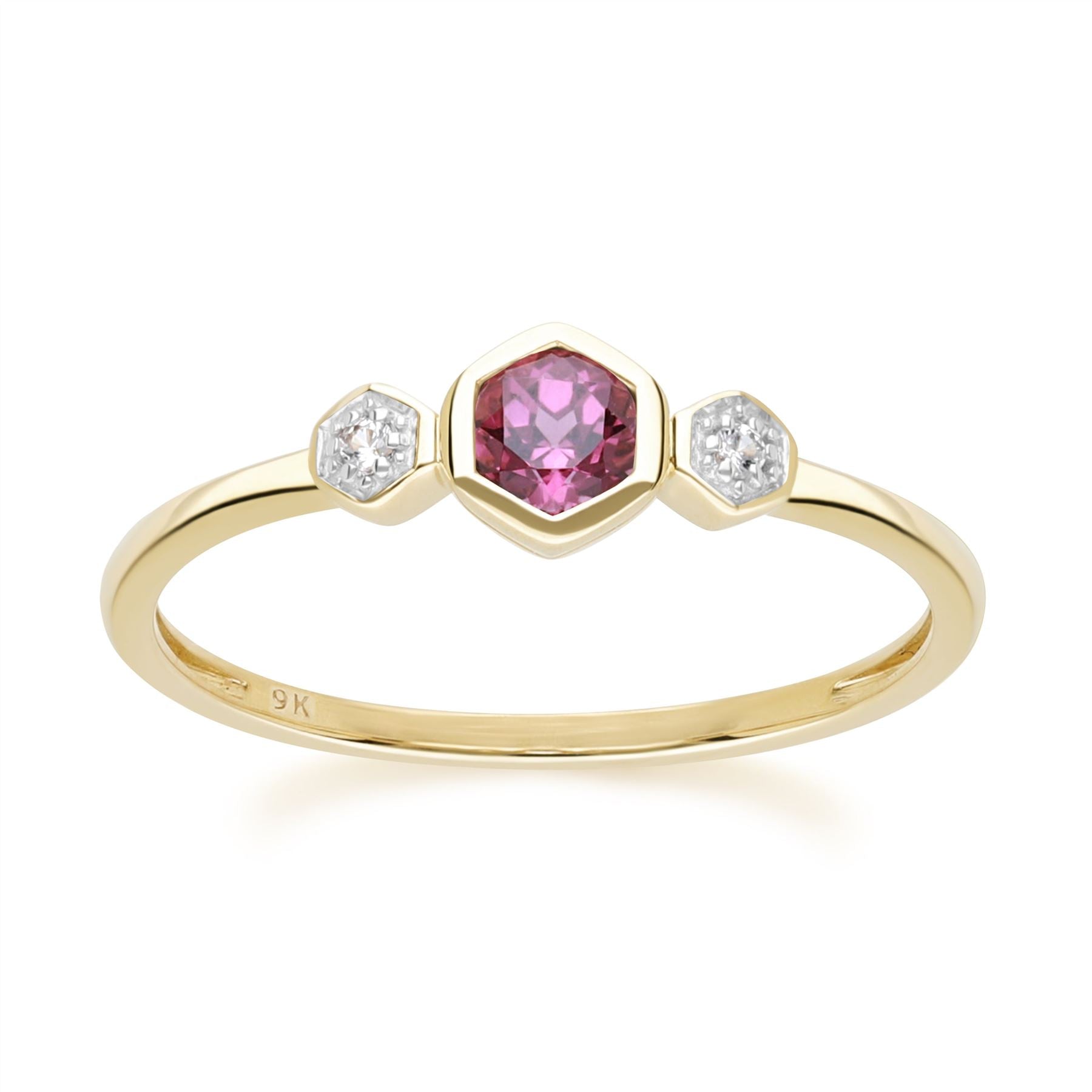 Geometric Round Rhodolite and Sapphire Ring in 9ct Yellow Gold Front