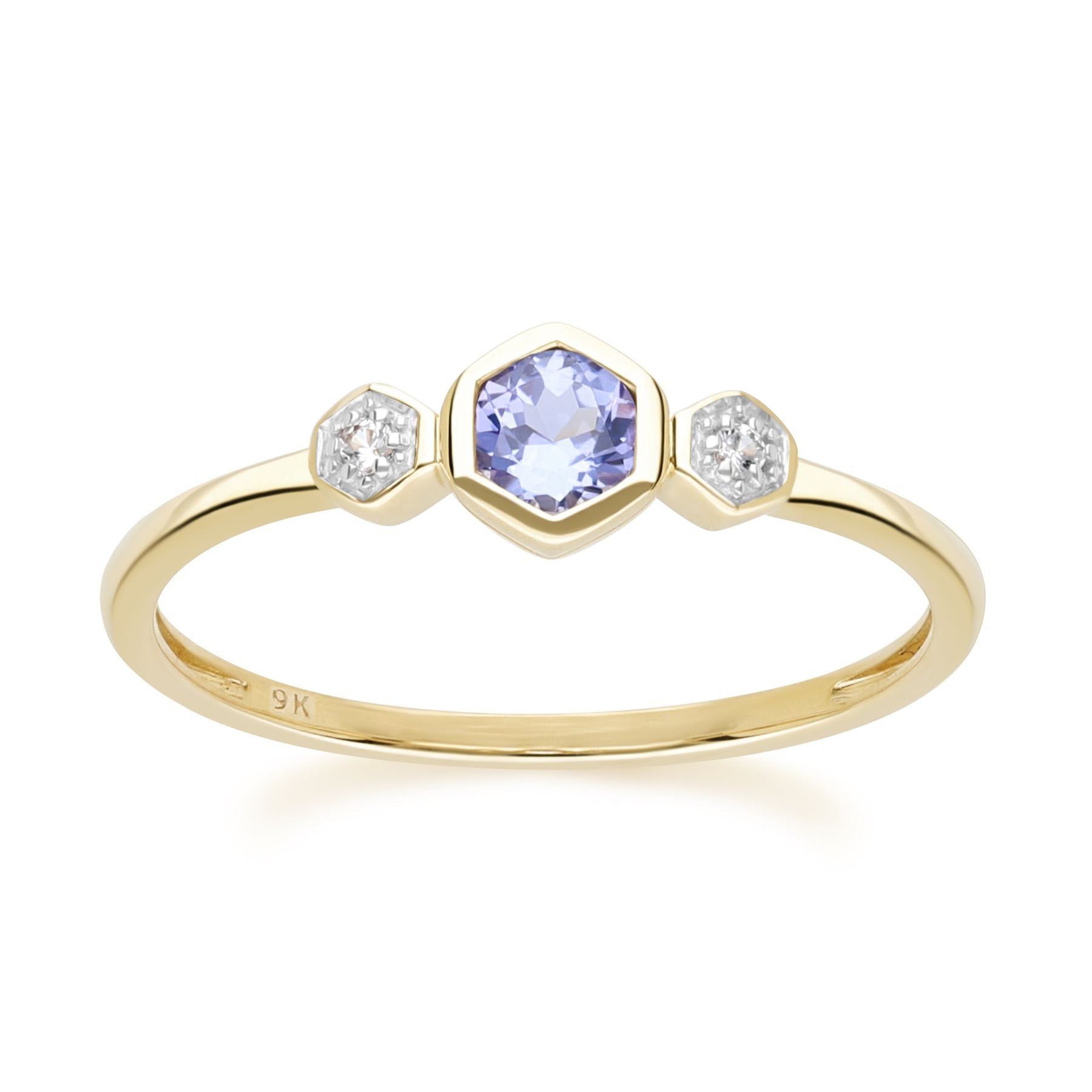 Geometric Round Tanzanite and Sapphire Ring in 9ct Yellow Gold Front