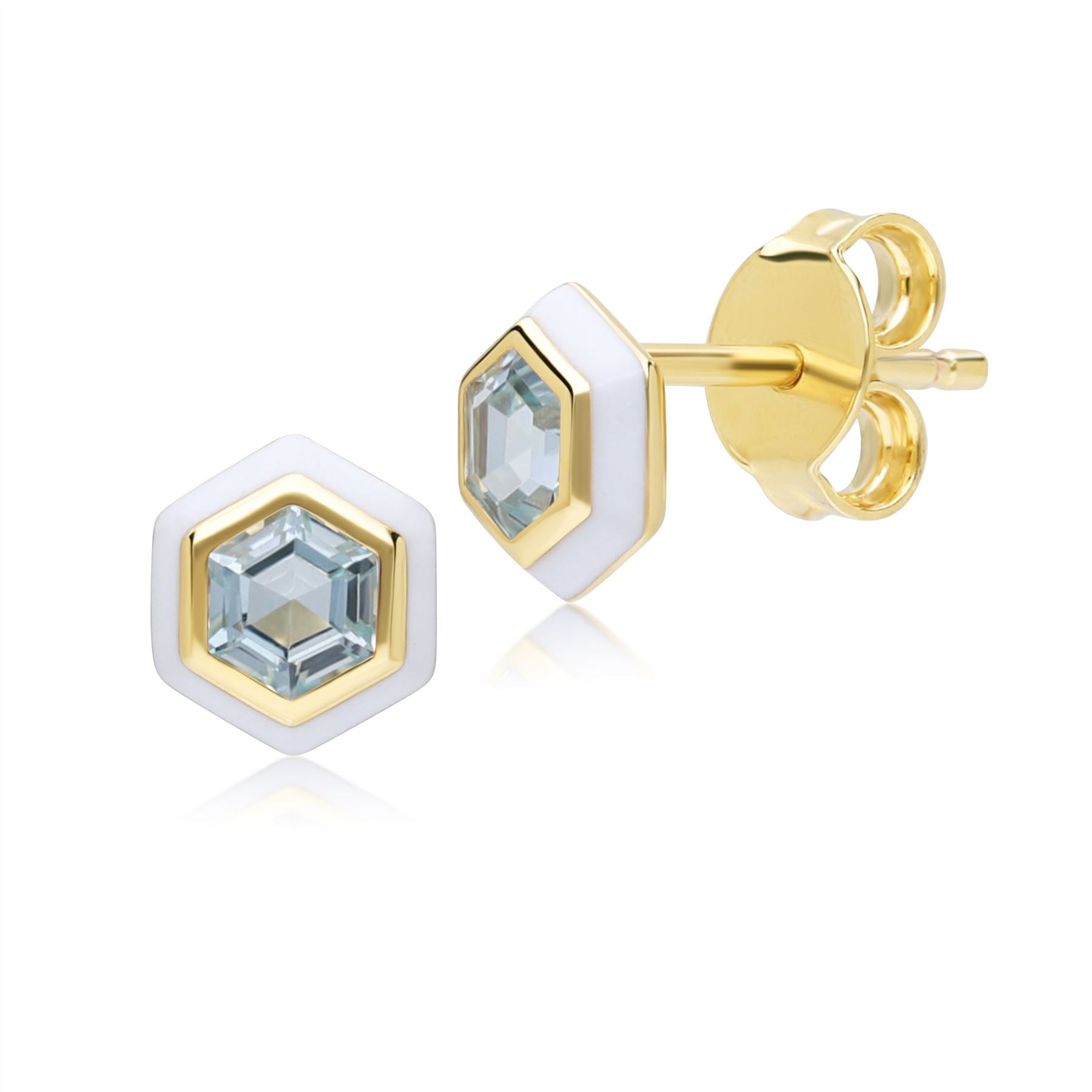 Geometric Hex Blue Topaz and White Enamel Stud Earrings in Gold Plated Sterling Silver Front