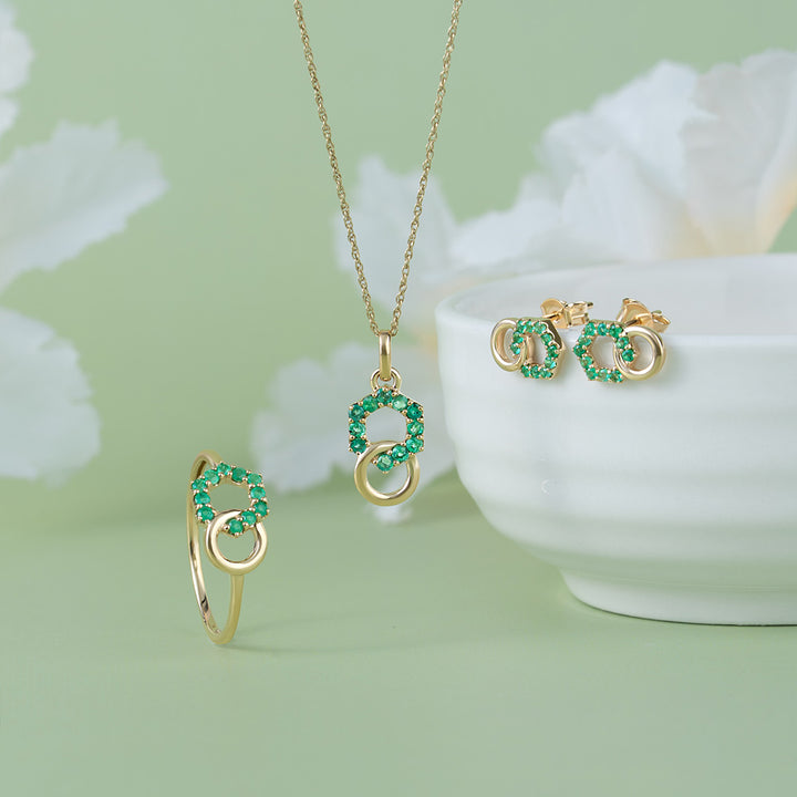 Geometric Hexagon and Round Linked with Prong set Emerald Pendant in 9ct Yellow Gold