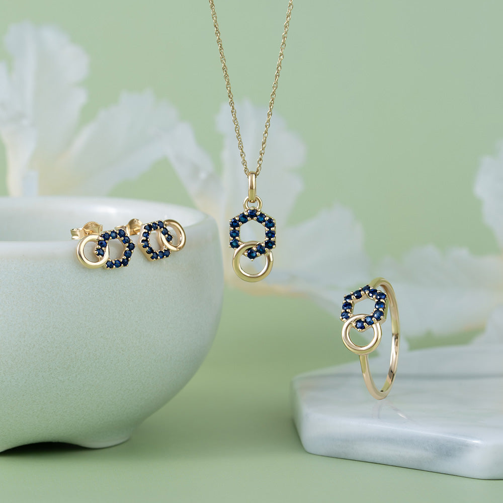 Geometric Hexagon and Round Linked with Prong set Sapphire Pendant in 9ct Yellow Gold