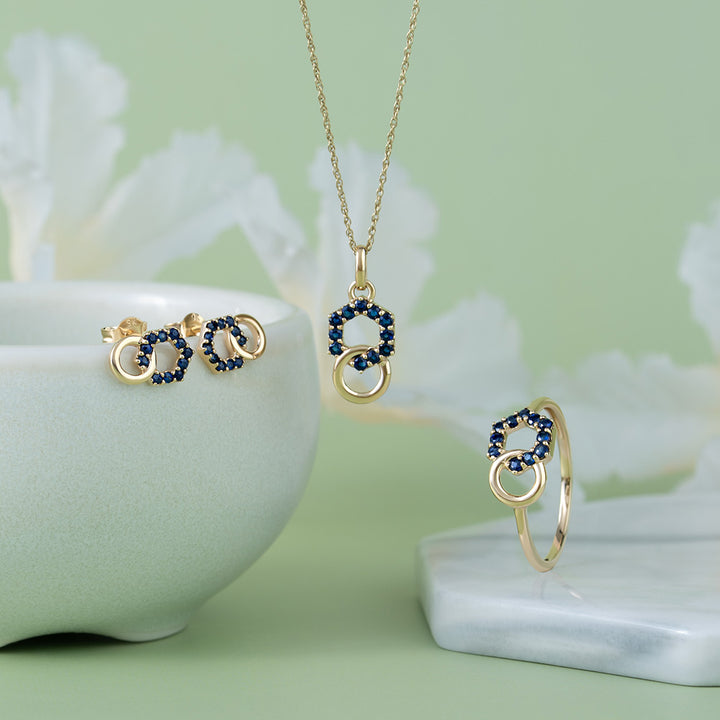 Geometric Hexagon and Round Linked with Prong set Sapphire Pendant in 9ct Yellow Gold