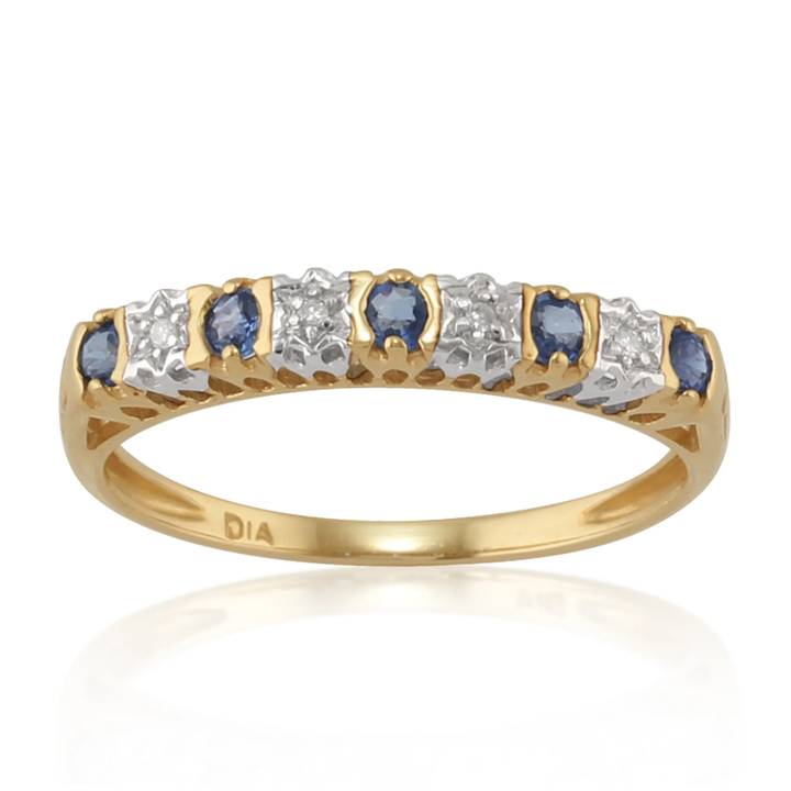 Anillo clásico redondo de media eternidad con diamantes y zafiros azules en oro amarillo de 9 quilates