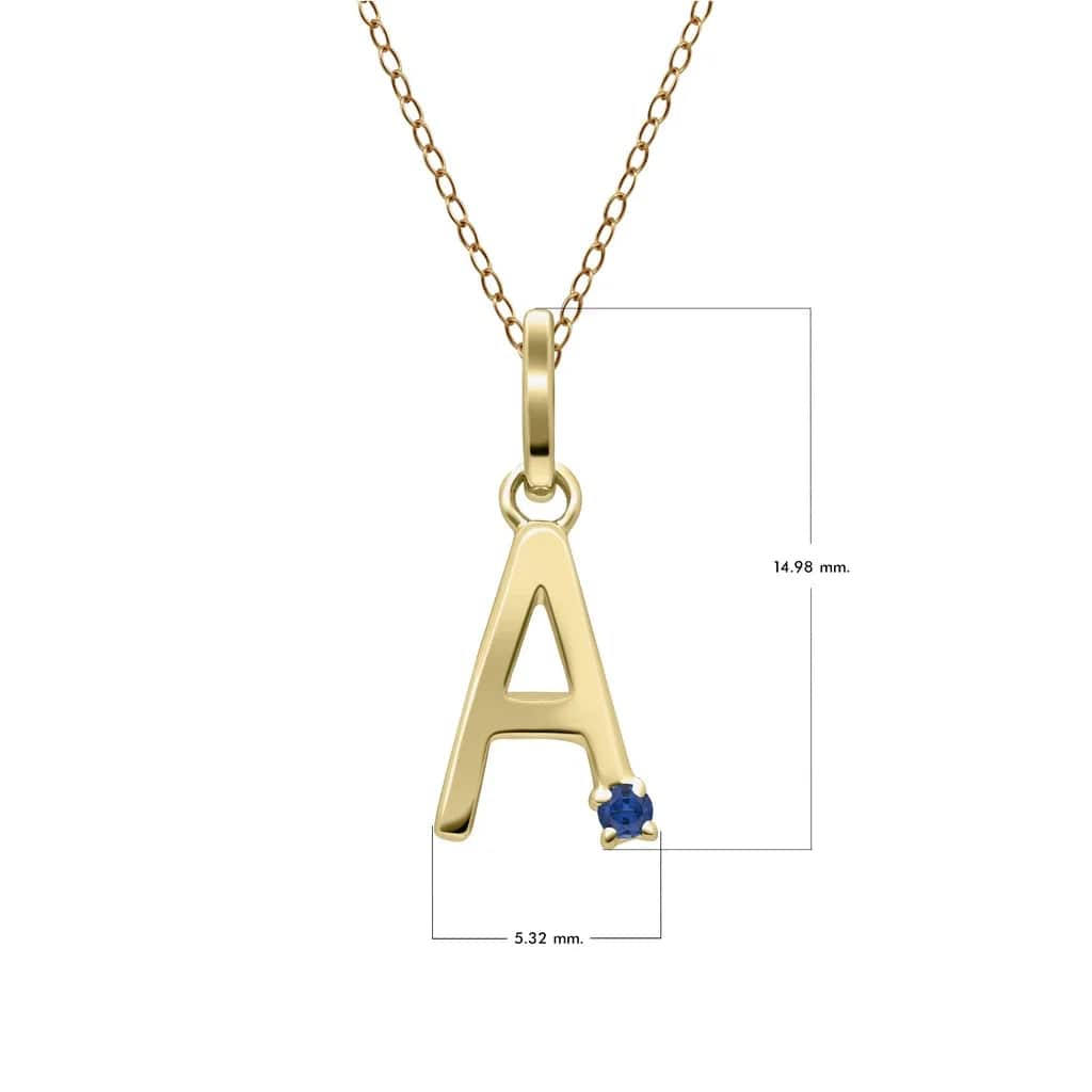 Collar inicial con letra de zafiro azul en oro amarillo de 9 quilates