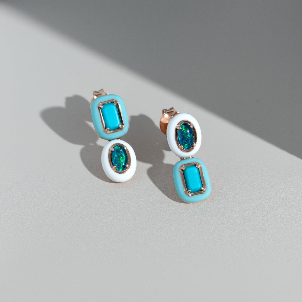 Siberian Waltz Triplet Opal & Turquoise Drop Earrings In Sterling Silver flatlay