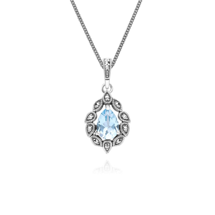 Collar con colgante de topacio azul pera y marcasita estilo Art Déco en plata de ley