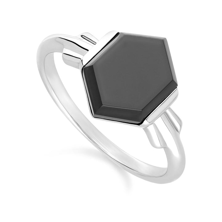 Anillo hexagonal Grand Deco de ónix negro en plata de ley