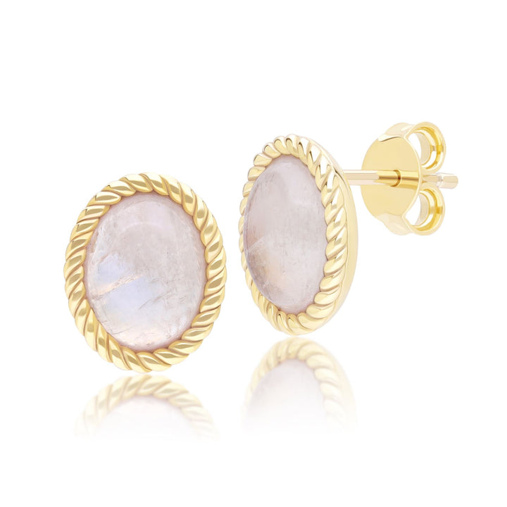 Pendientes clásicos de piedra lunar arcoíris ovalada en oro amarillo de 9 quilates