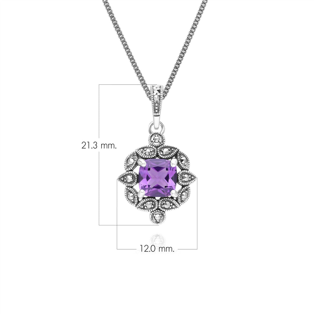 Collar con colgante de amatista y marcasita estilo cojín estilo art déco en plata de ley.
