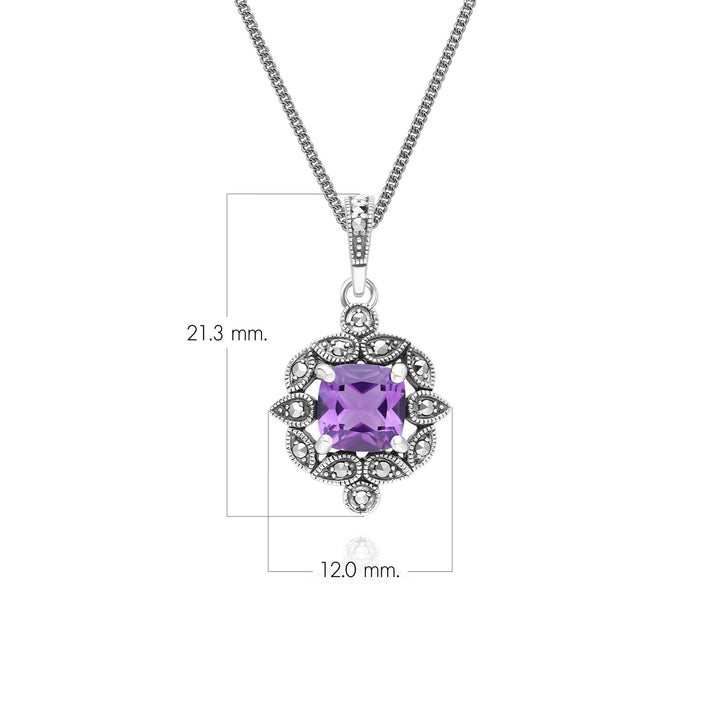 Collar con colgante de amatista y marcasita estilo cojín estilo art déco en plata de ley.
