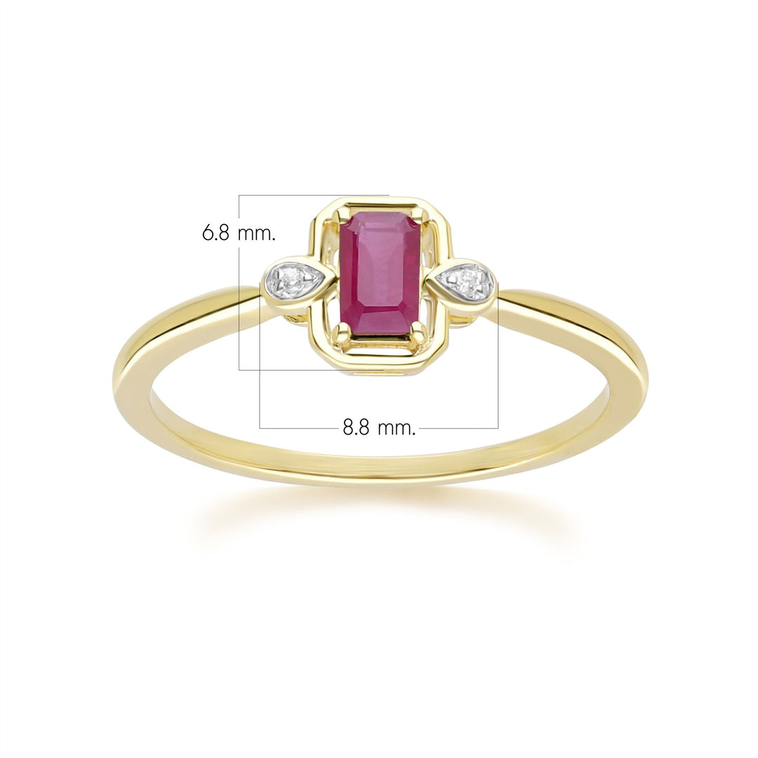 Anillo clásico de rubí baguette y diamantes en oro amarillo de 9 quilates