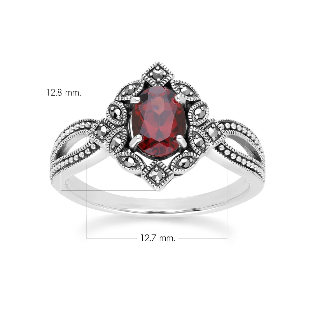 Anillo ovalado de granate y marcasita estilo art déco en plata de ley