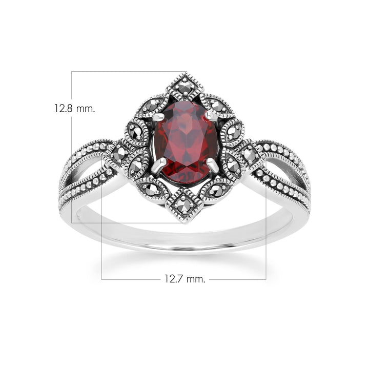 Anillo ovalado de granate y marcasita estilo art déco en plata de ley