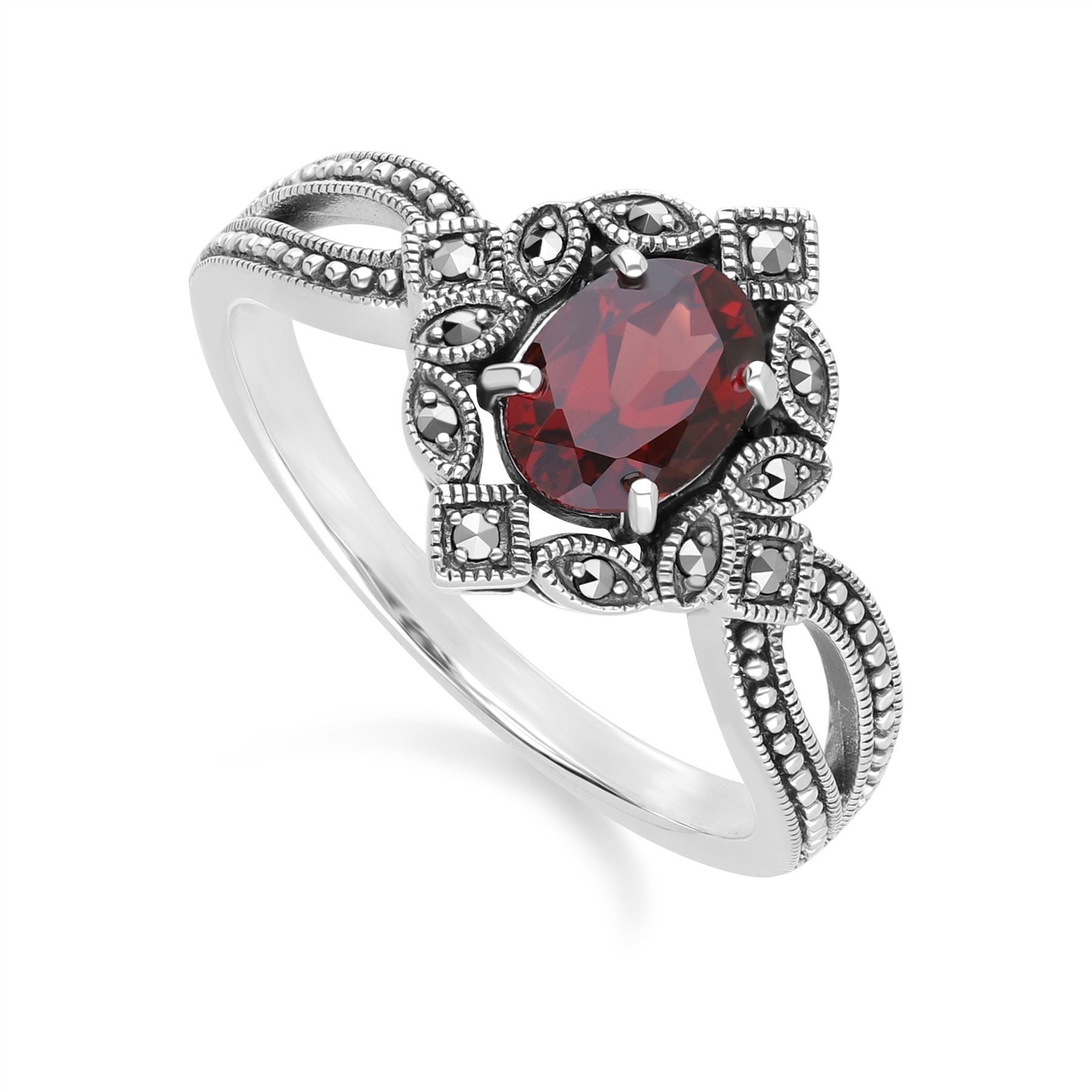 Art Deco Style Oval Garnet & Marcasite Ring in Sterling Silver