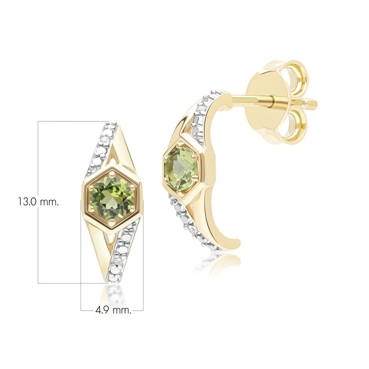 Geometric Hexagon with Prong set Round Peridot and Diamond Half Hoop Earrings in 9ct Yellow Gold