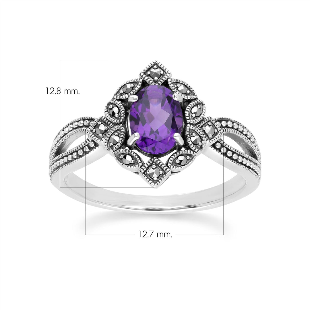 Anillo ovalado de amatista y marcasita estilo art déco en plata de ley