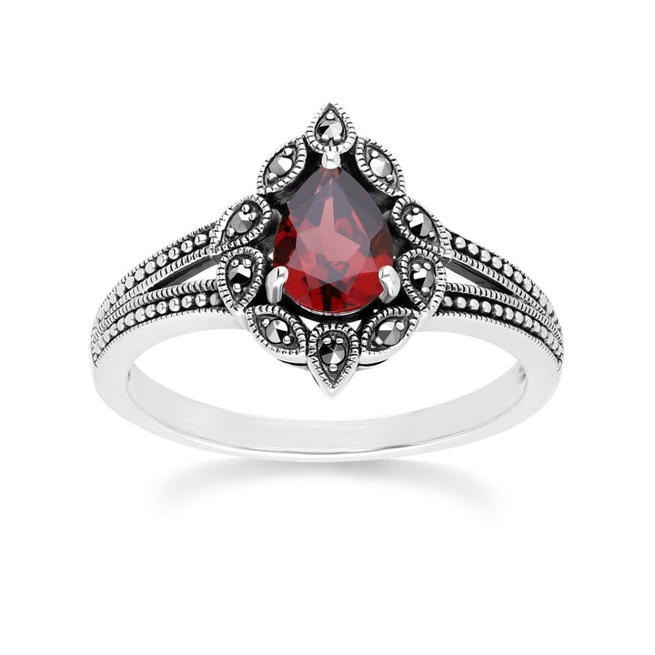 Anillo de granate pera y marcasita estilo Art Déco en plata de ley