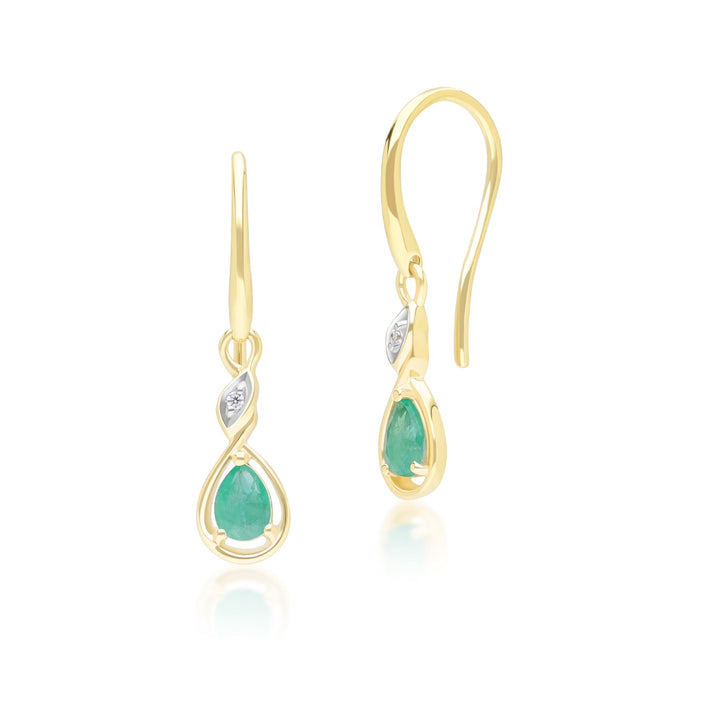 Pendientes clásicos de pera con esmeralda y diamantes en oro amarillo de 9 quilates.