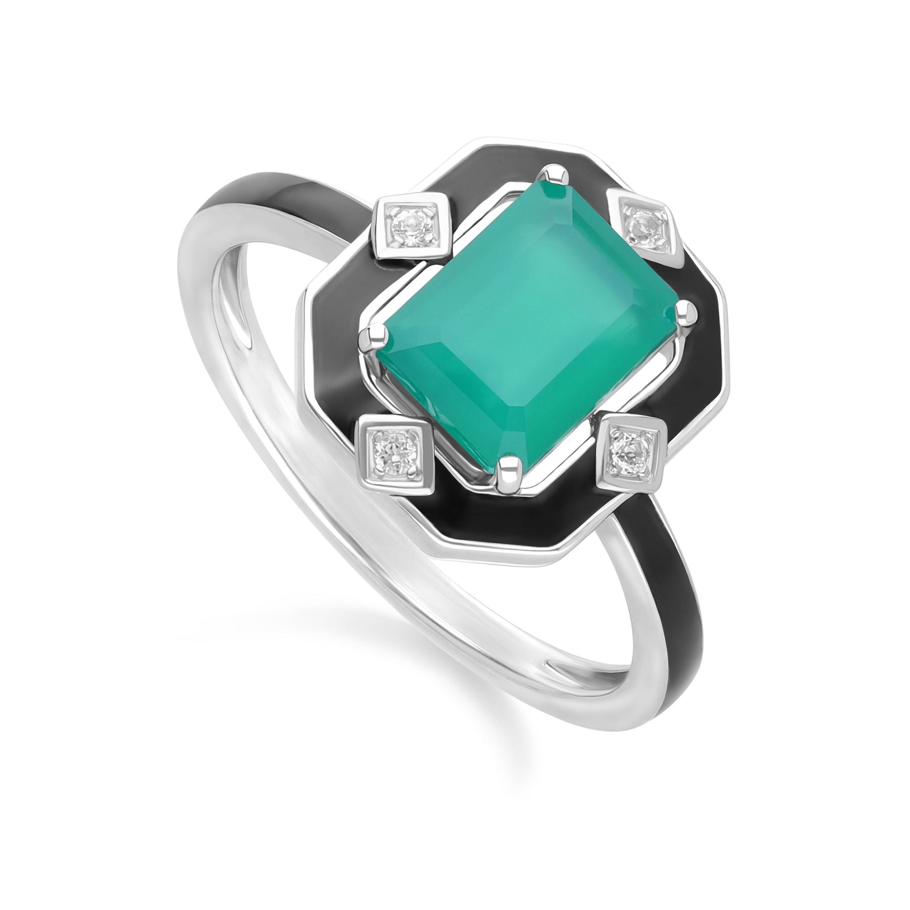 Grand Deco Black Enamel, Green Chalcedony & Topaz Ring in Sterling Silver