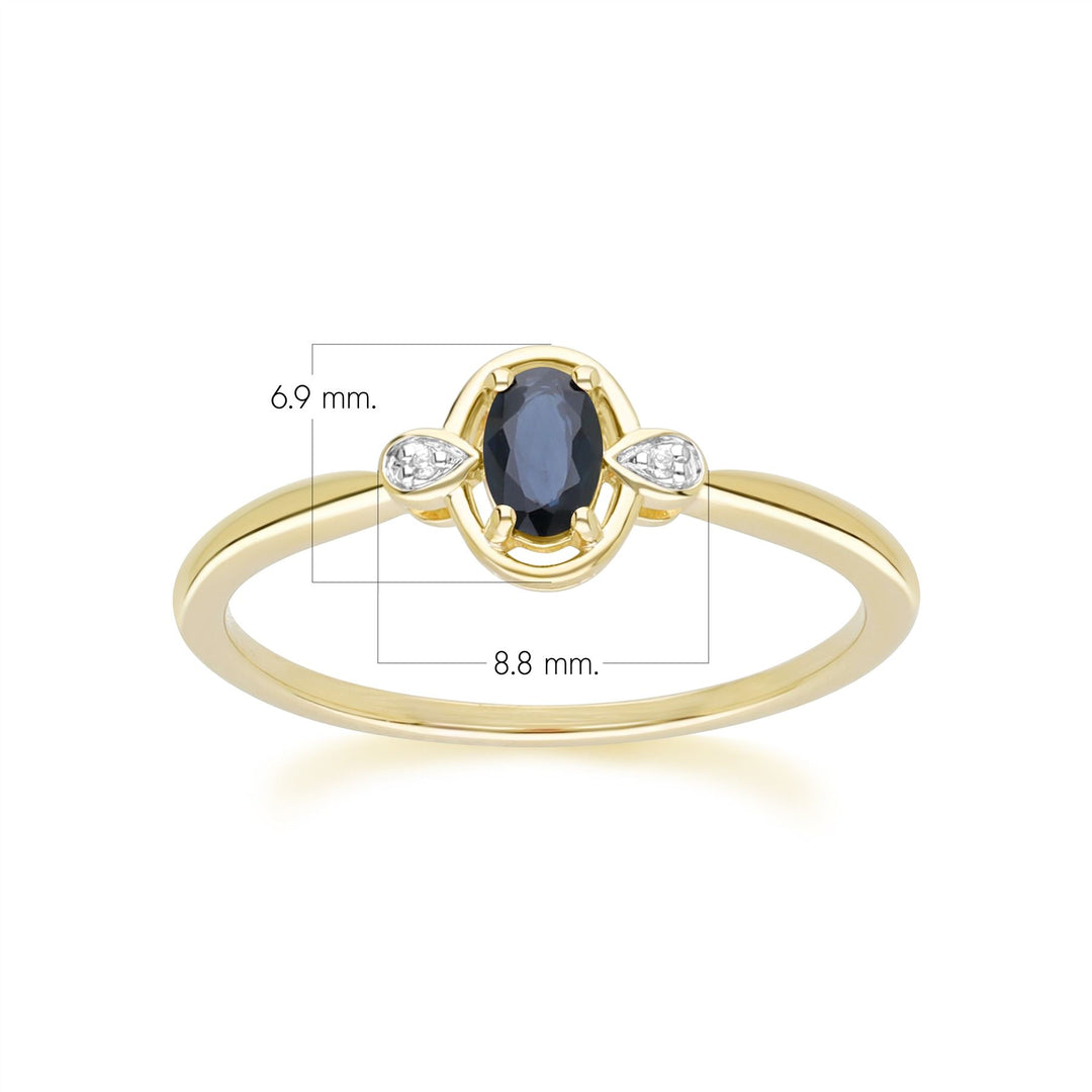 Anillo clásico de oro amarillo de 9 quilates con zafiro ovalado y diamante redondo