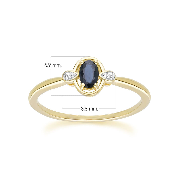 Anillo clásico de oro amarillo de 9 quilates con zafiro ovalado y diamante redondo