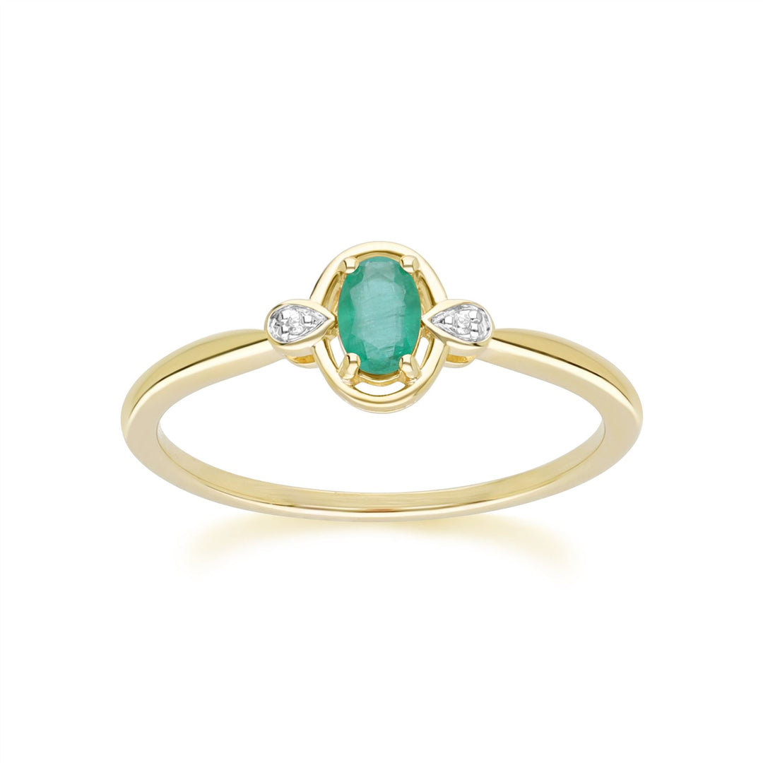 Anillo clásico ovalado de esmeralda y diamantes en oro amarillo de 9 quilates