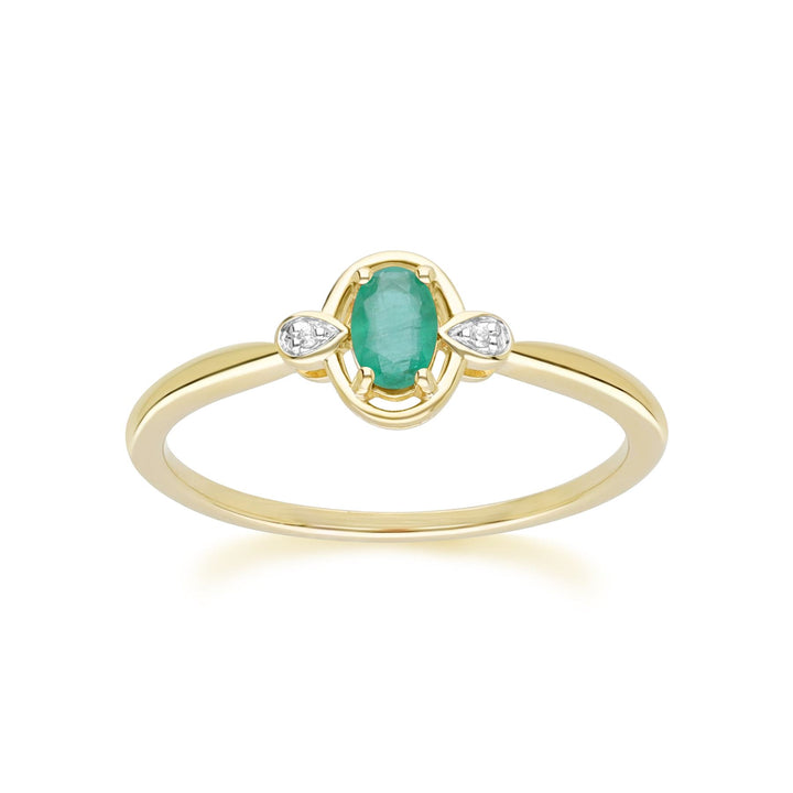 Anillo clásico ovalado de esmeralda y diamantes en oro amarillo de 9 quilates