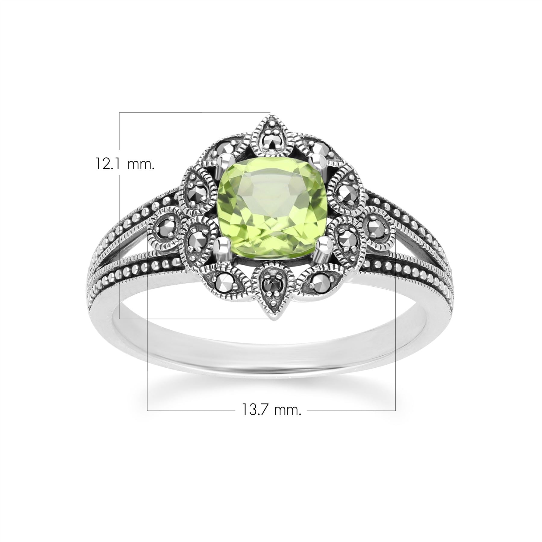 Art Deco Style Cushion Peridot & Marcasite Ring in Sterling Silver