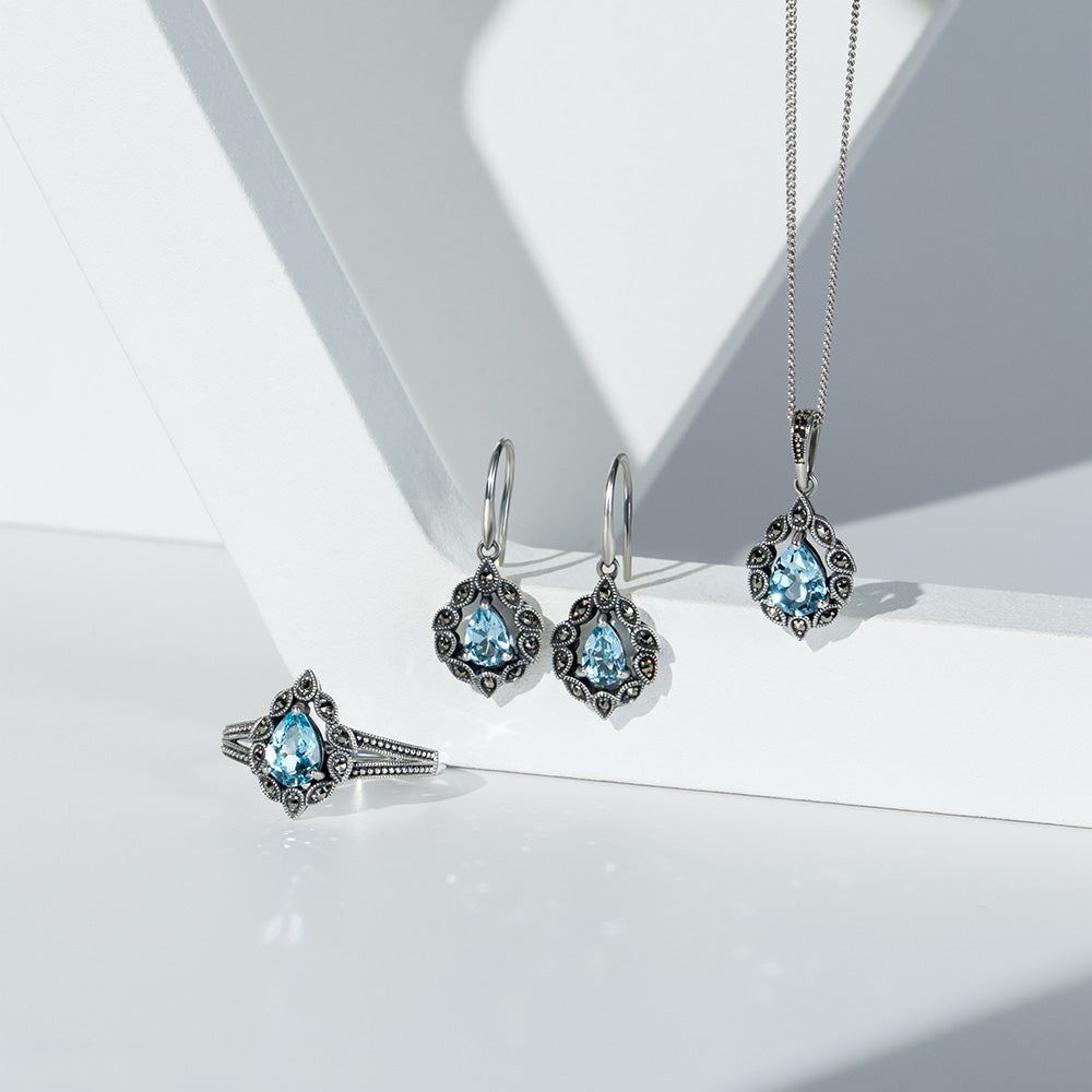 Pendientes colgantes de topacio azul pera y marcasita estilo Art Déco en plata de ley