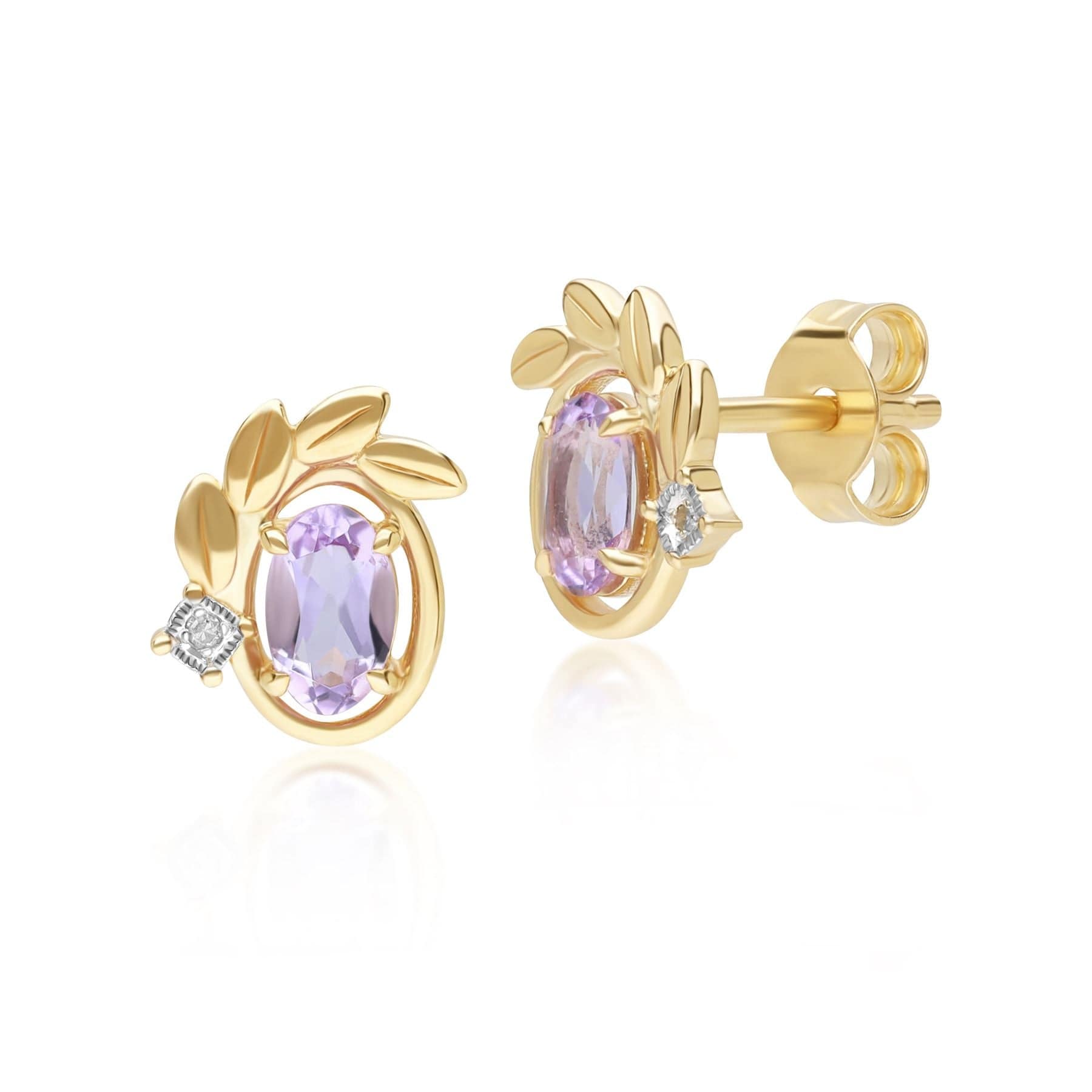 135E1860019 O leaf Pink Amethyst & Diamond Stud Earrings In 9ct Yellow Gold Front