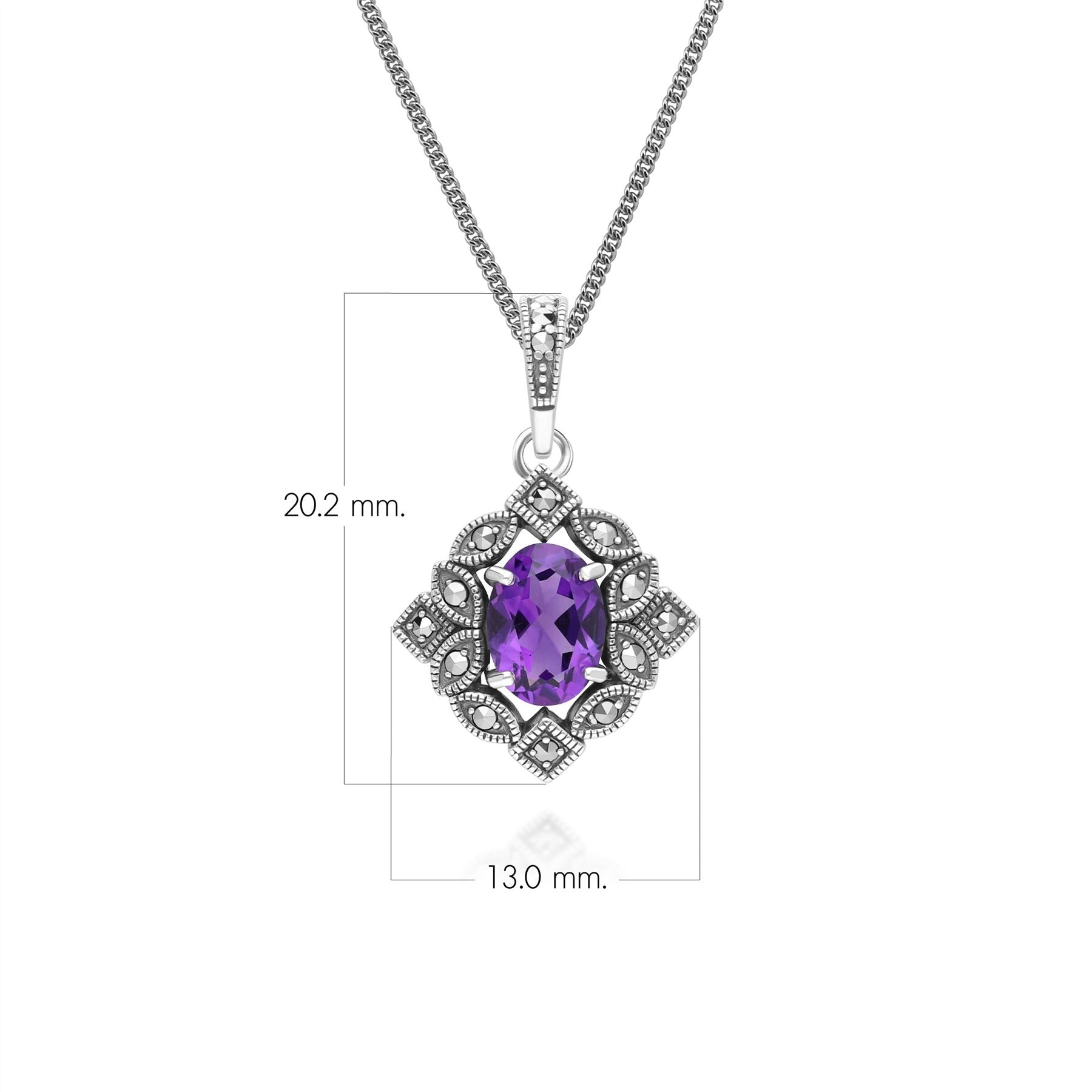 Art Deco Style Oval Amethyst & Marcasite Pendant Necklace in Sterling Silver