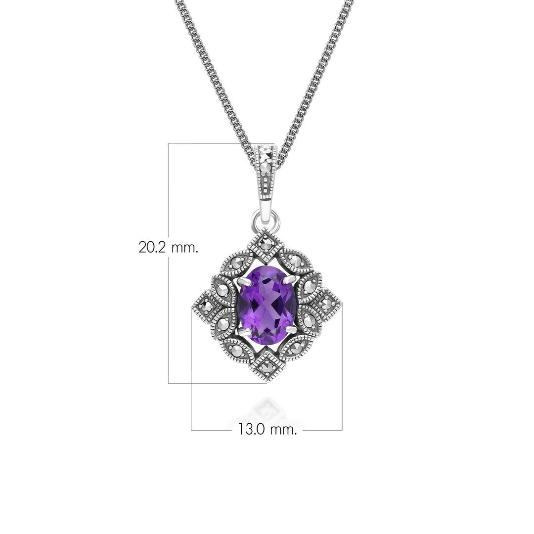 Collar con colgante ovalado de amatista y marcasita estilo art déco en plata de ley.