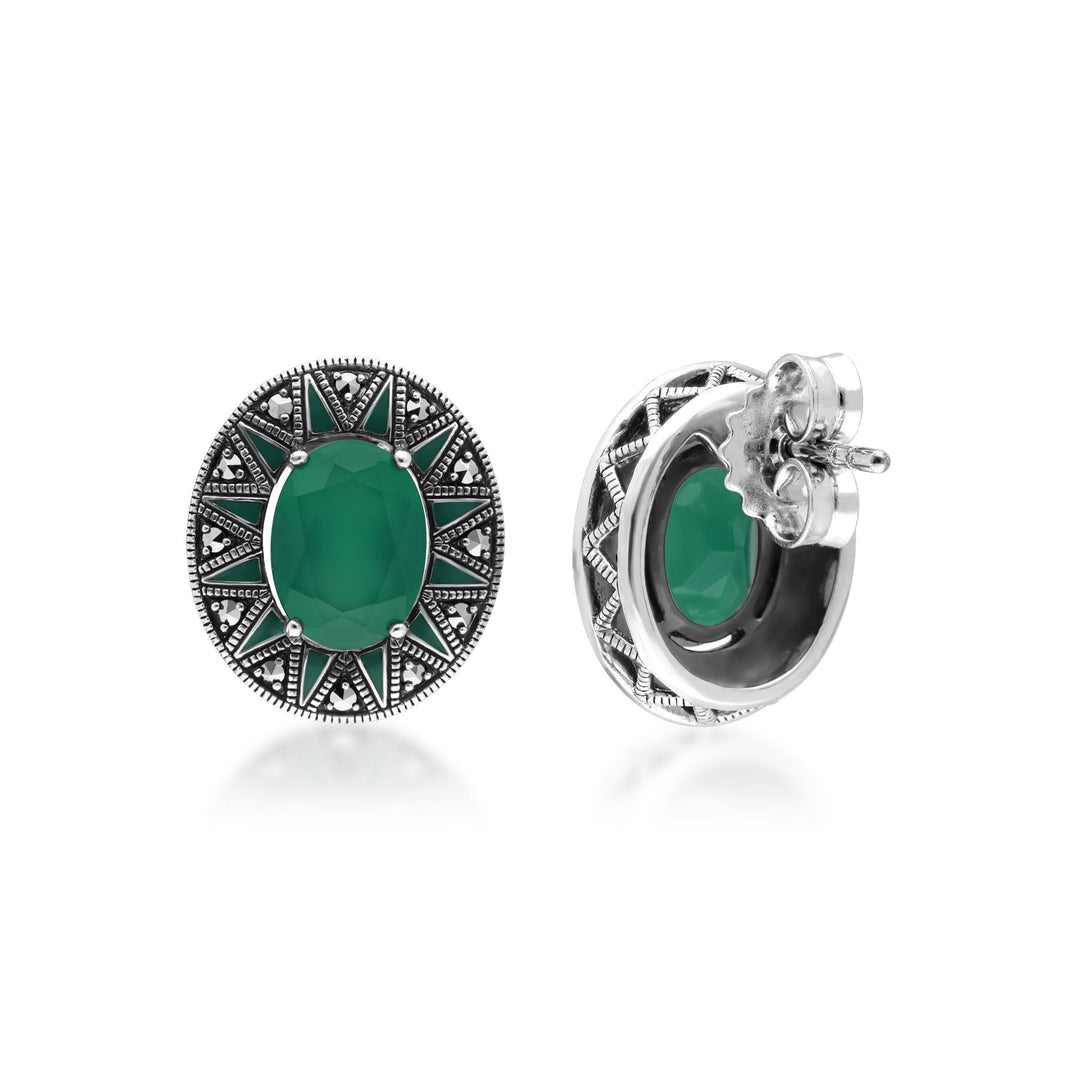 Pendientes ovalados de calcedonia y marcasita de inspiración Art Déco