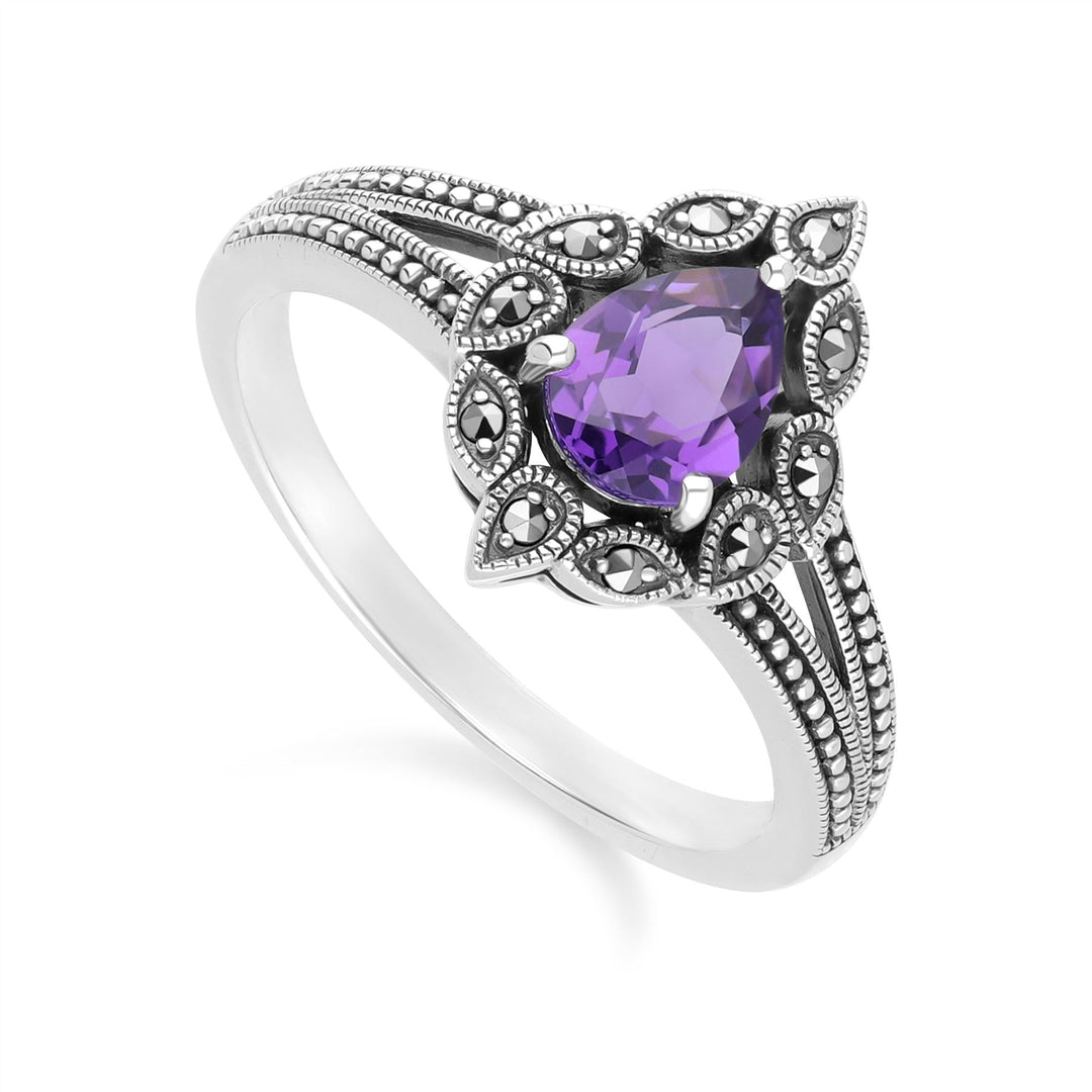 Anillo de amatista y marcasita estilo Art Déco en plata de ley.
