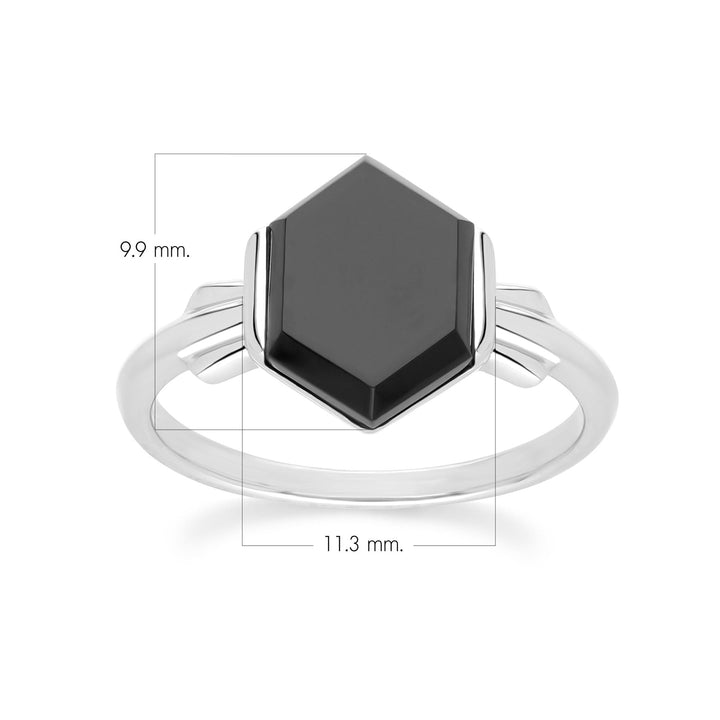 Anillo hexagonal Grand Deco de ónix negro en plata de ley
