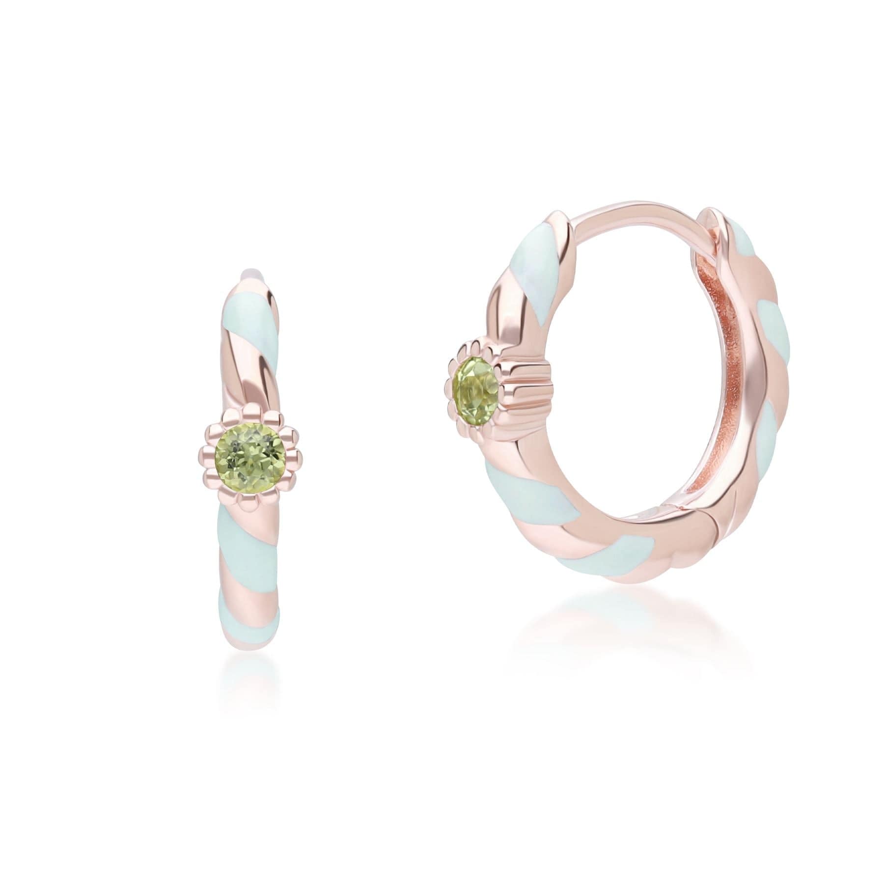 253E419203925 Siberian Waltz Green Enamel & Round Peridot Hoop Earrings In 18ct Rose Gold Plated Sterling Silver Front