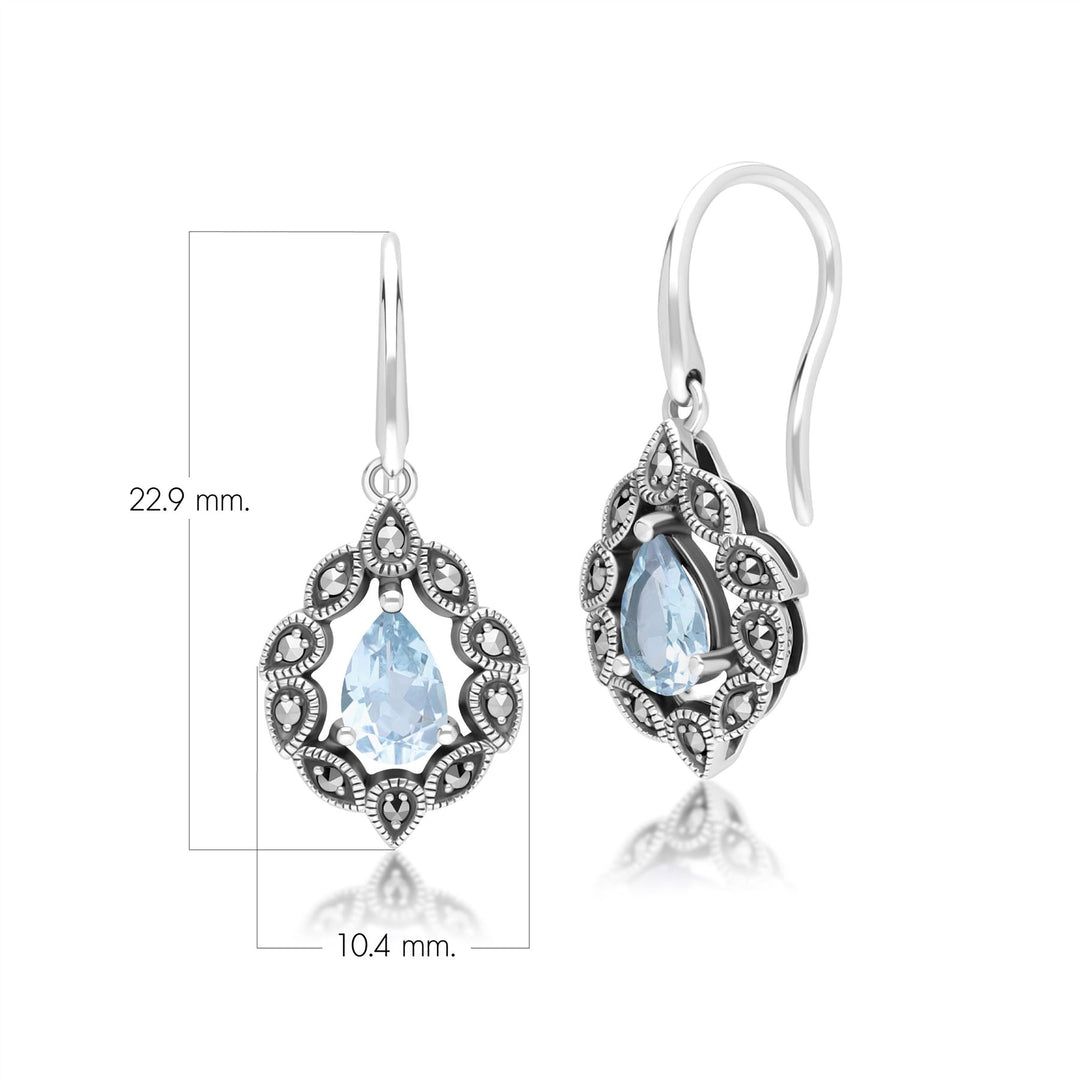 Pendientes colgantes de topacio azul pera y marcasita estilo Art Déco en plata de ley